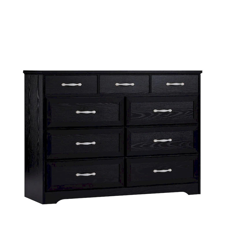 Commode longue à 9 tiroirs noire/blanche avec poignées antiques, style porte de grange, bois composite