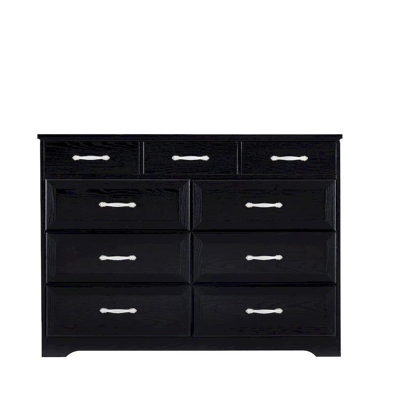 Commode longue à 9 tiroirs noire/blanche avec poignées antiques, style porte de grange, bois composite