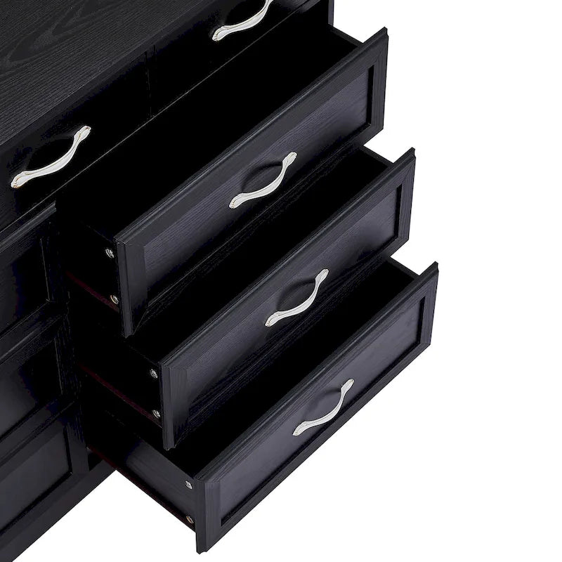 Commode longue à 9 tiroirs noire/blanche avec poignées antiques, style porte de grange, bois composite