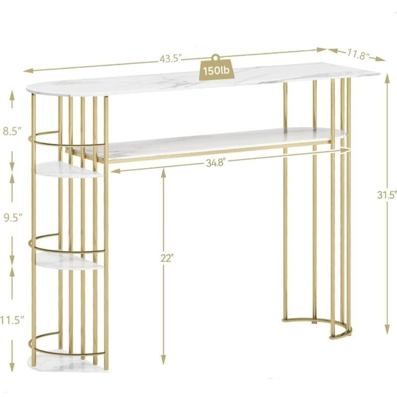 Console étroite en MDF grain de marbre doré et blanc avec étagères latérales rondes et rangement