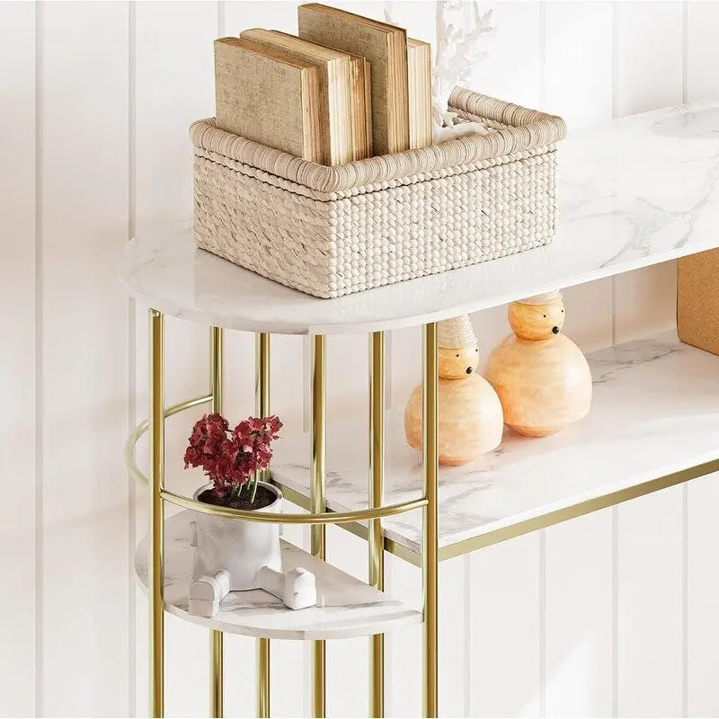 Console étroite en MDF grain de marbre doré et blanc avec étagères latérales rondes et rangement