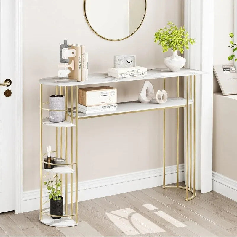 Console étroite en MDF grain de marbre doré et blanc avec étagères latérales rondes et rangement