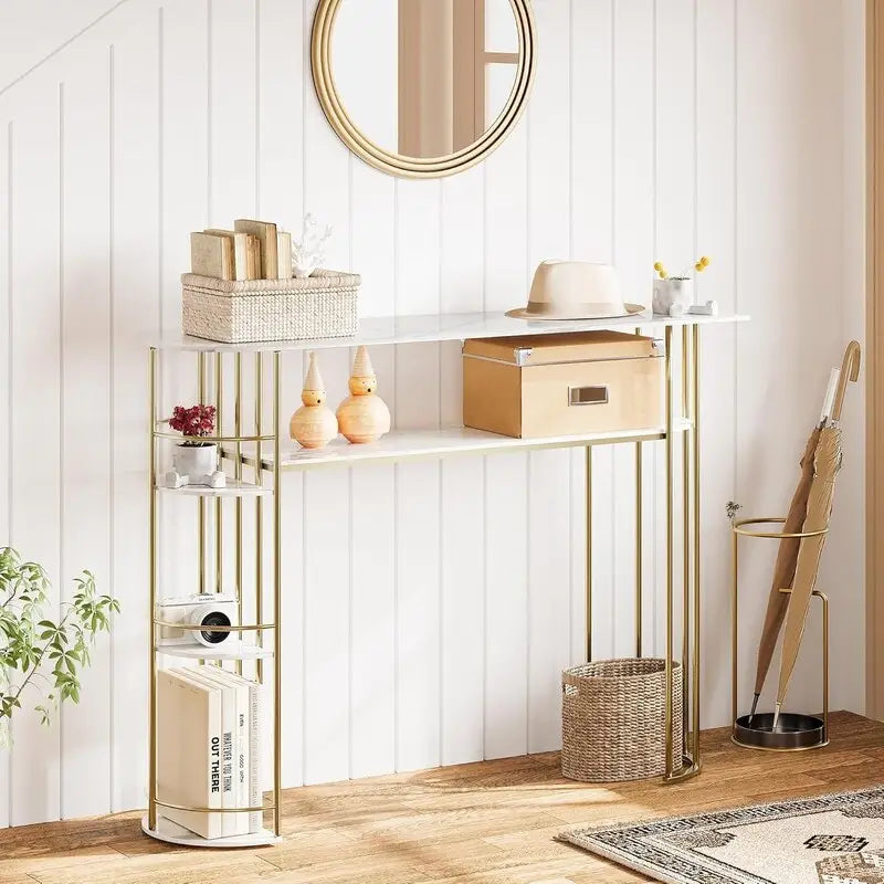 Console étroite en MDF grain de marbre doré et blanc avec étagères latérales rondes et rangement