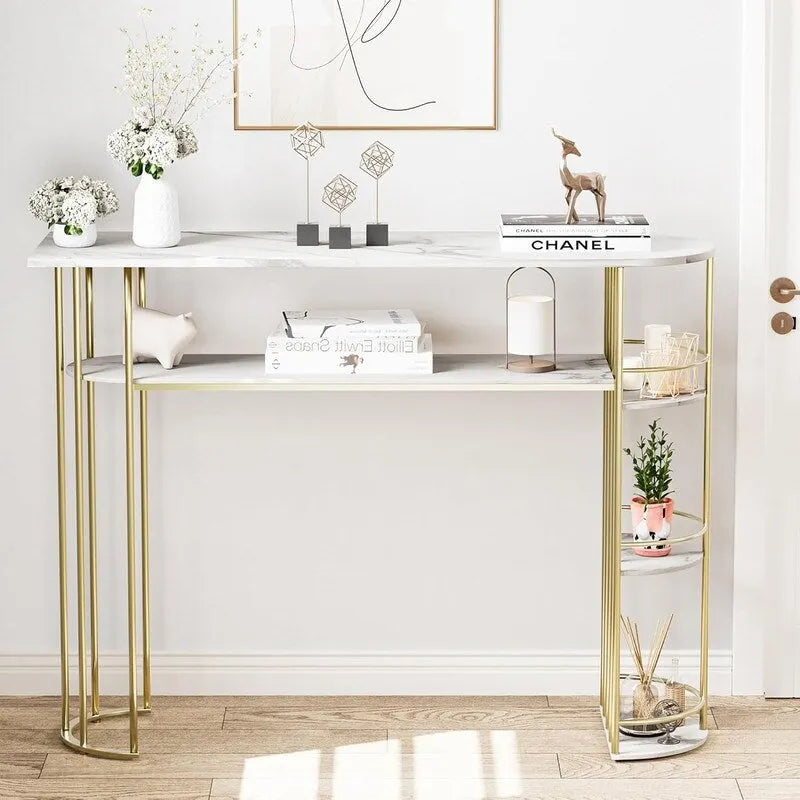 Console étroite en MDF grain de marbre doré et blanc avec étagères latérales rondes et rangement