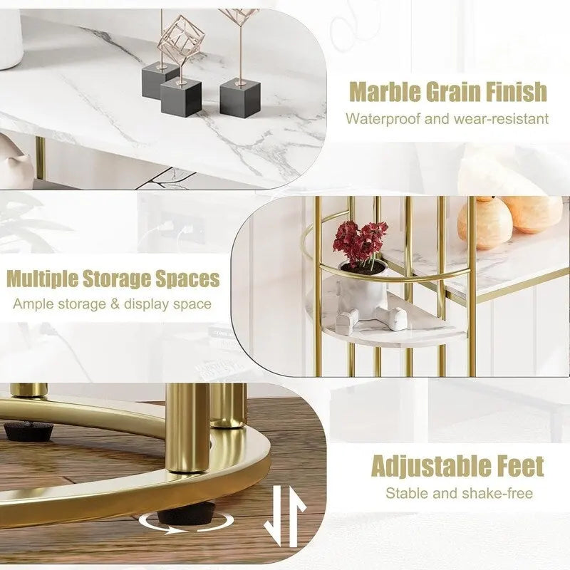 Console étroite en MDF grain de marbre doré et blanc avec étagères latérales rondes et rangement
