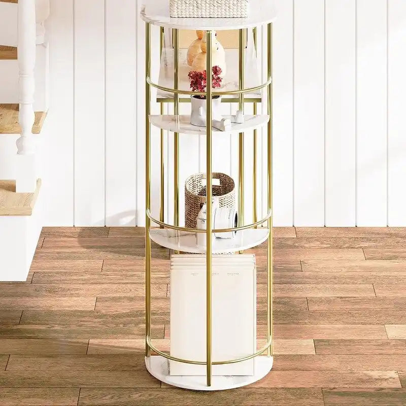 Console étroite en MDF grain de marbre doré et blanc avec étagères latérales rondes et rangement
