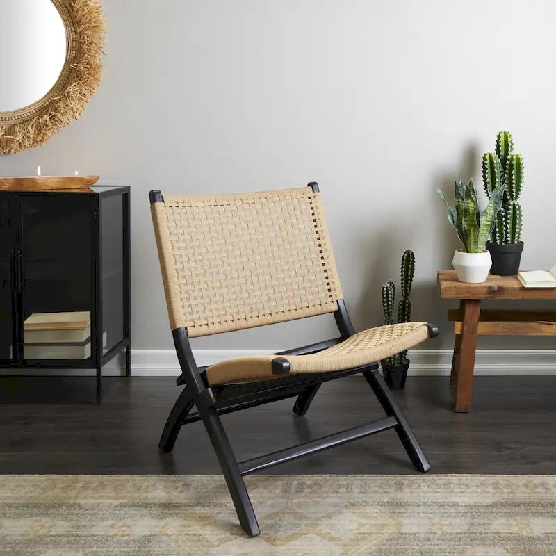 Fauteuil d'appoint tissé main en acajou brun/noir avec assise tissée, 1 place