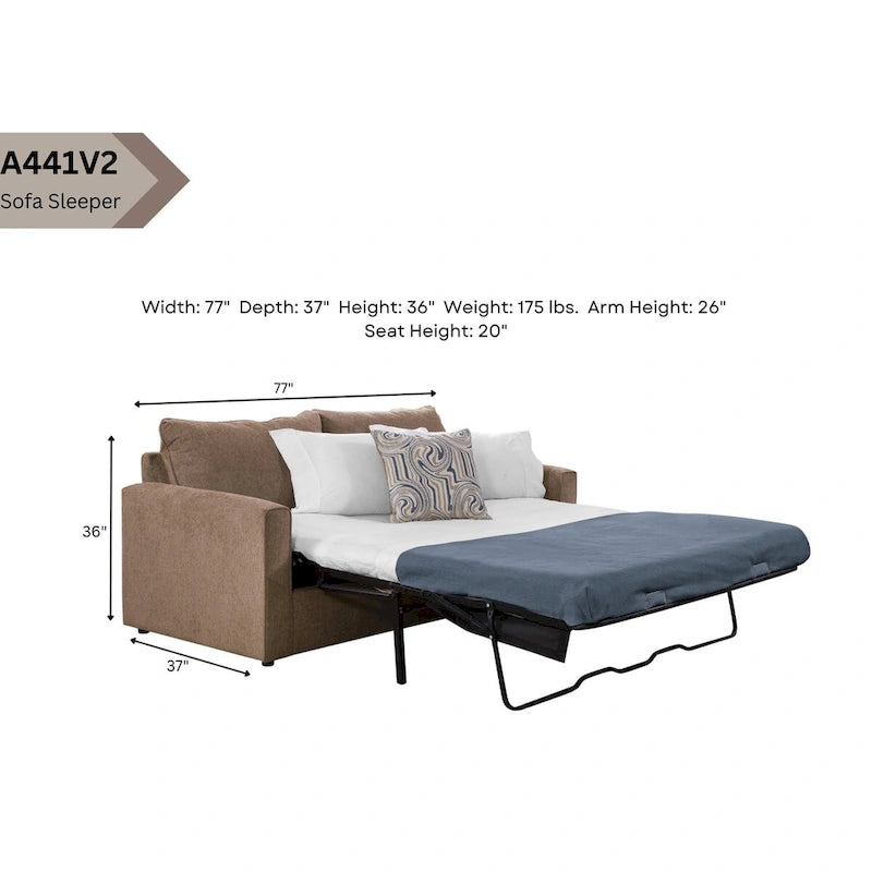 Canapé-lit convertible chenille marron clair avec accoudoirs droits, lit gigogne et 2 coussins décoratifs, 3 places