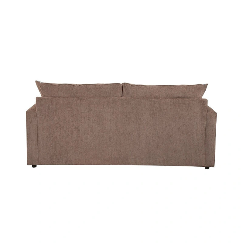 Canapé-lit convertible chenille marron clair avec accoudoirs droits, lit gigogne et 2 coussins décoratifs, 3 places