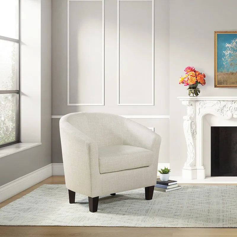 Fauteuil baquet mi-siècle en lin/denim avec pieds en bois espresso foncé, 1 place