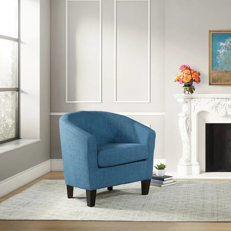 Fauteuil baquet mi-siècle en lin/denim avec pieds en bois espresso foncé, 1 place