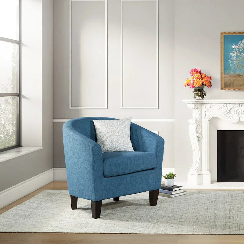 Fauteuil baquet mi-siècle en lin/denim avec pieds en bois espresso foncé, 1 place