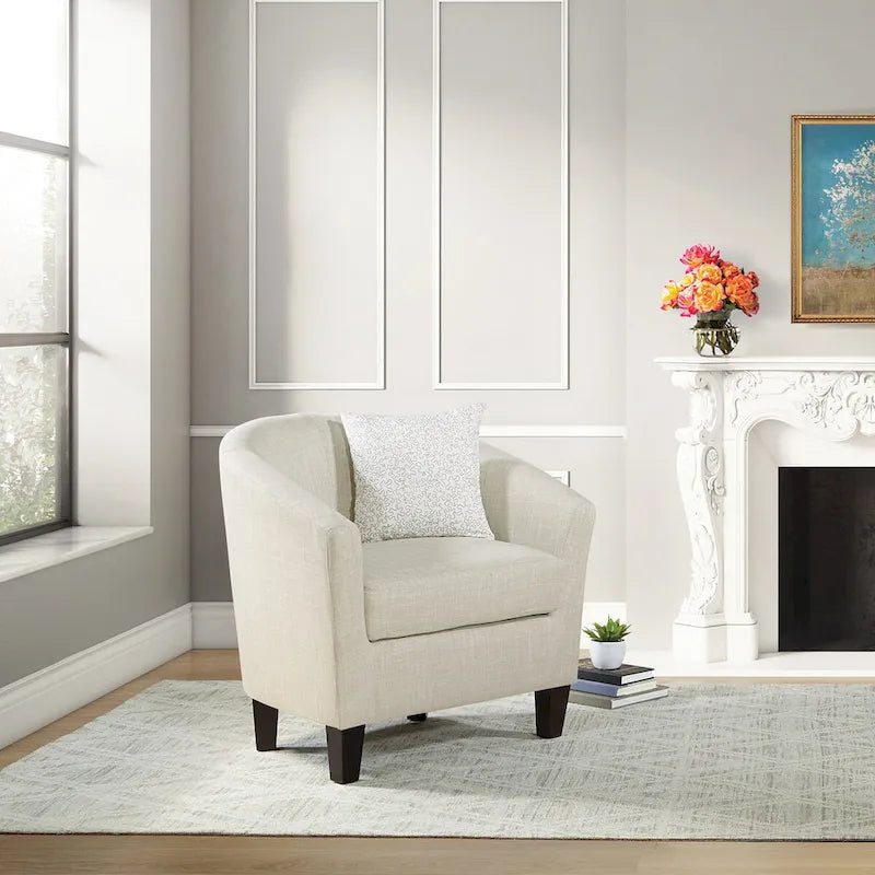 Fauteuil baquet mi-siècle en lin/denim avec pieds en bois espresso foncé, 1 place