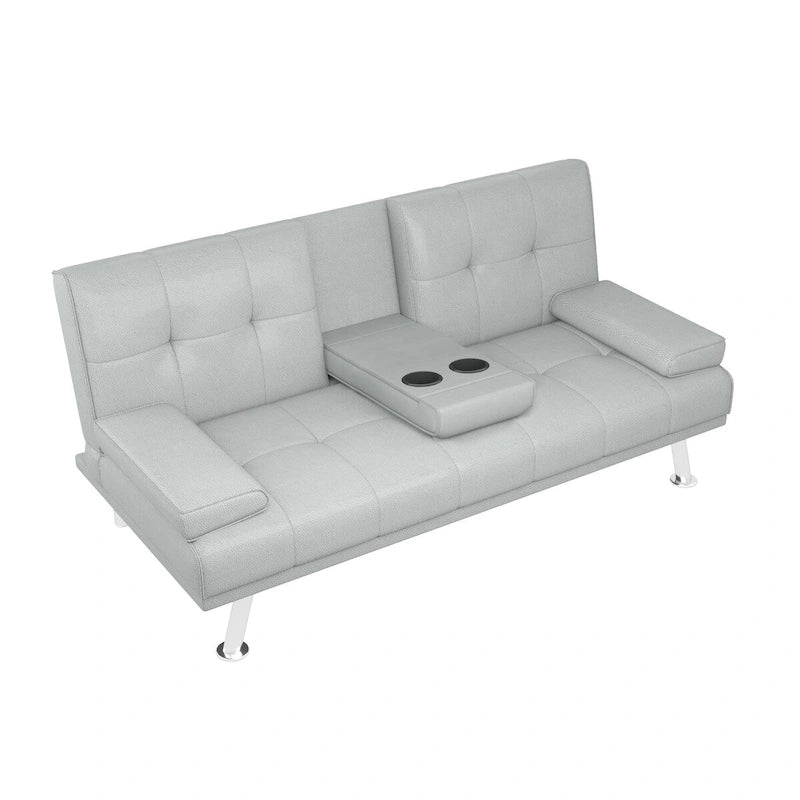 Canapé-lit pliable en similicuir gris clair avec dossier réglable et console centrale, 2-3 places