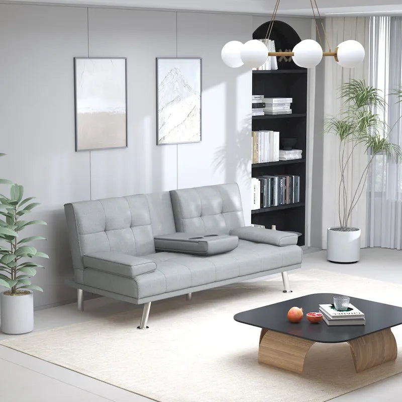 Canapé-lit pliable en similicuir gris clair avec dossier réglable et console centrale, 2-3 places