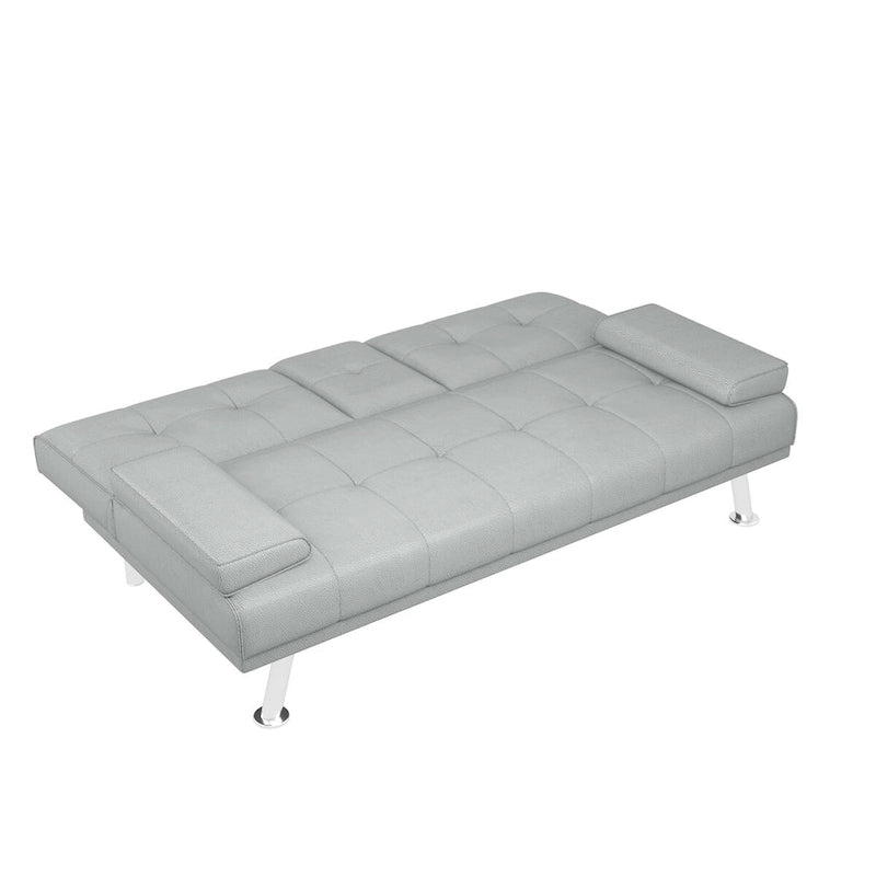 Canapé-lit pliable en similicuir gris clair avec dossier réglable et console centrale, 2-3 places