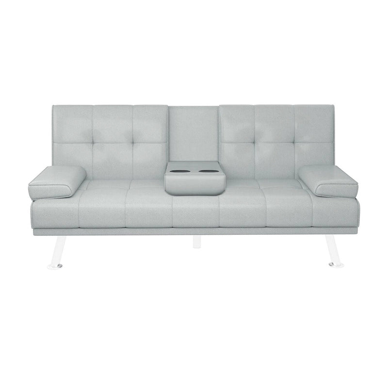 Canapé-lit pliable en similicuir gris clair avec dossier réglable et console centrale, 2-3 places