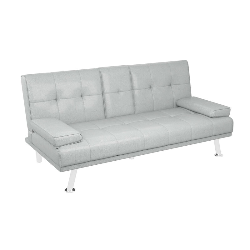 Canapé-lit pliable en similicuir gris clair avec dossier réglable et console centrale, 2-3 places