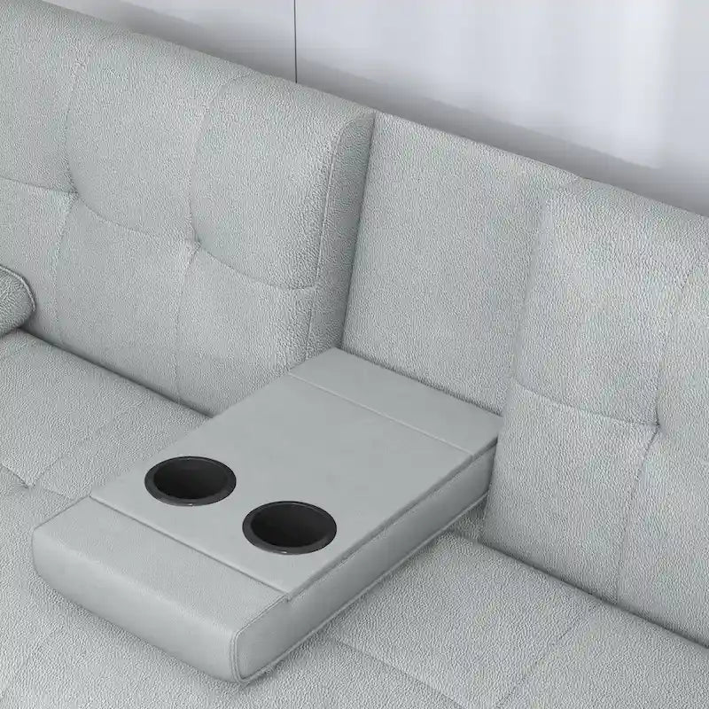 Canapé-lit pliable en similicuir gris clair avec dossier réglable et console centrale, 2-3 places