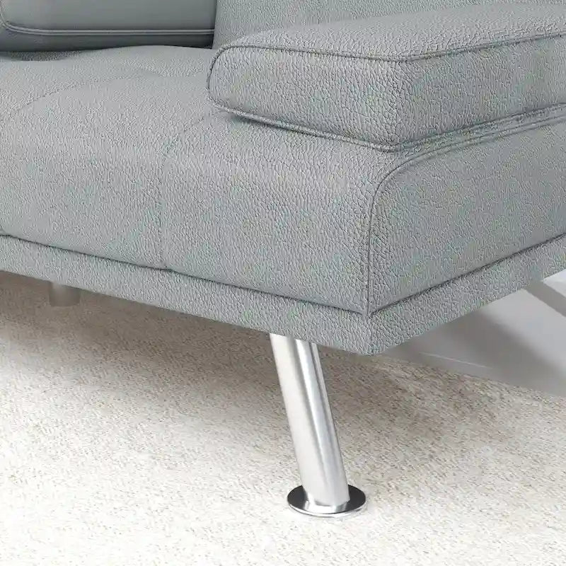 Canapé-lit pliable en similicuir gris clair avec dossier réglable et console centrale, 2-3 places