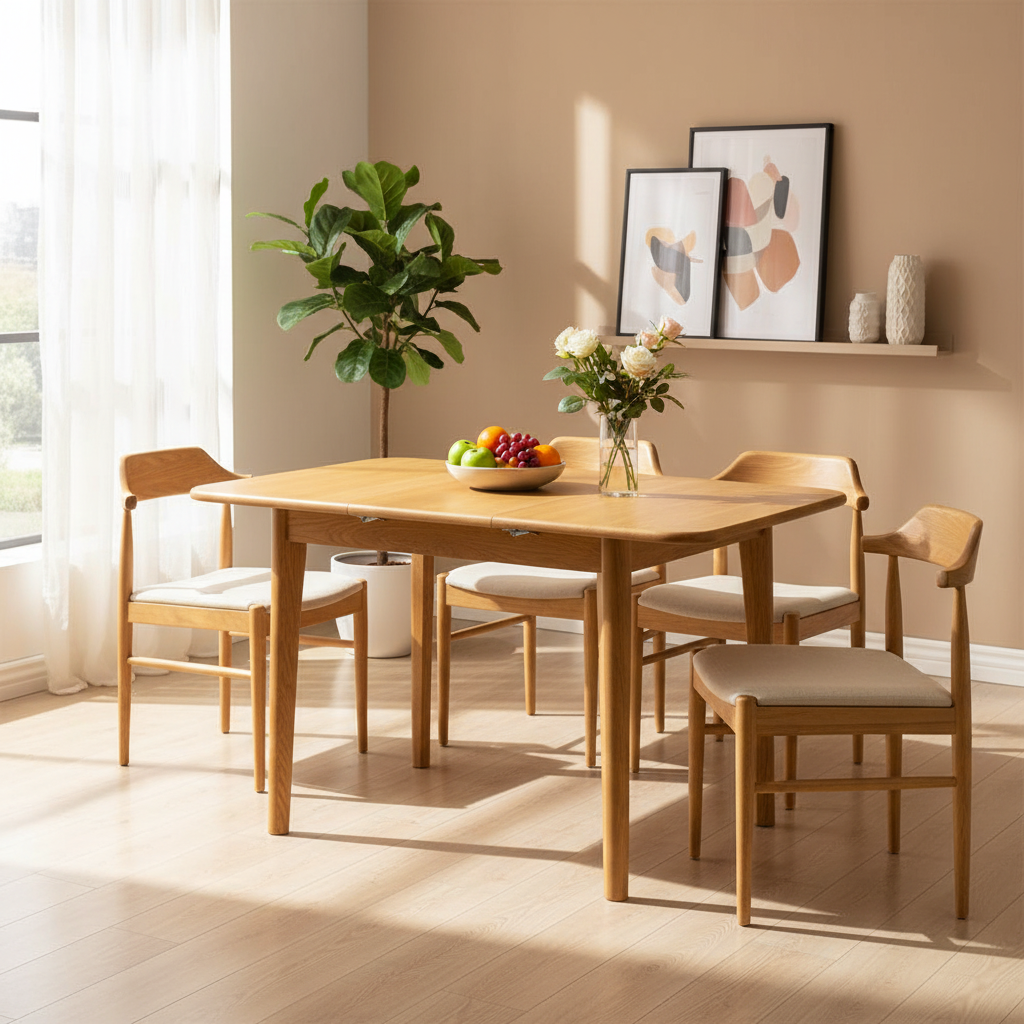 Table à manger extensible Noyer / Chêne naturel avec bords incurvés et pieds compensés, 4-6 places